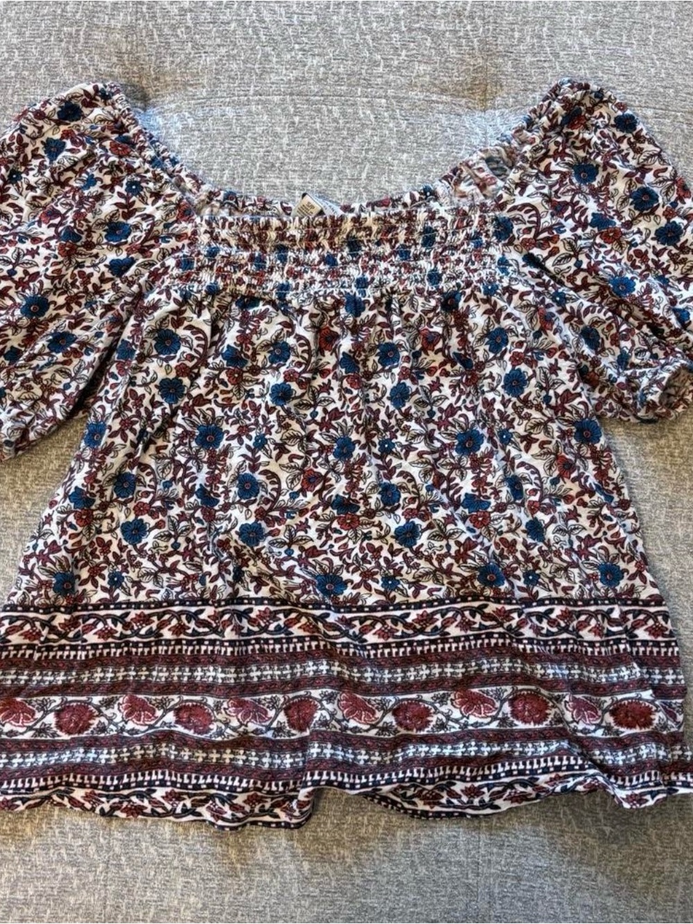Lucky Brand Floral Off-Shoulder Top with Blue Red & Brown Print